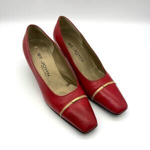St. John Red Leather Square Toe Pump Heel 7